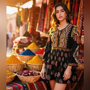 Boho Embroidered Floral Mini Dress | Black Peasant Dress | Cottagecore Chic